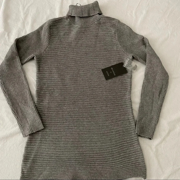 Women’s Gray Ribbed Knit Mock Neck Sweater Long Sleeve Pullover Tunic Top S - Picture 2 of 5